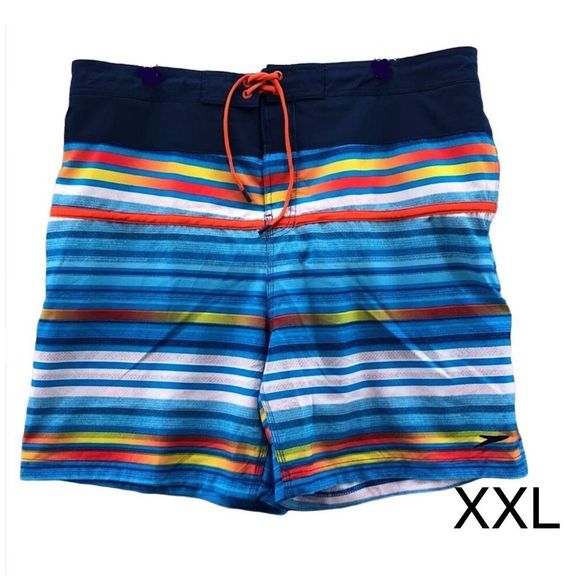 SPEEDO Mens Blue Orange Stripe Swim Trunks With Mesh Lining Sz XXL / 2XL NWT